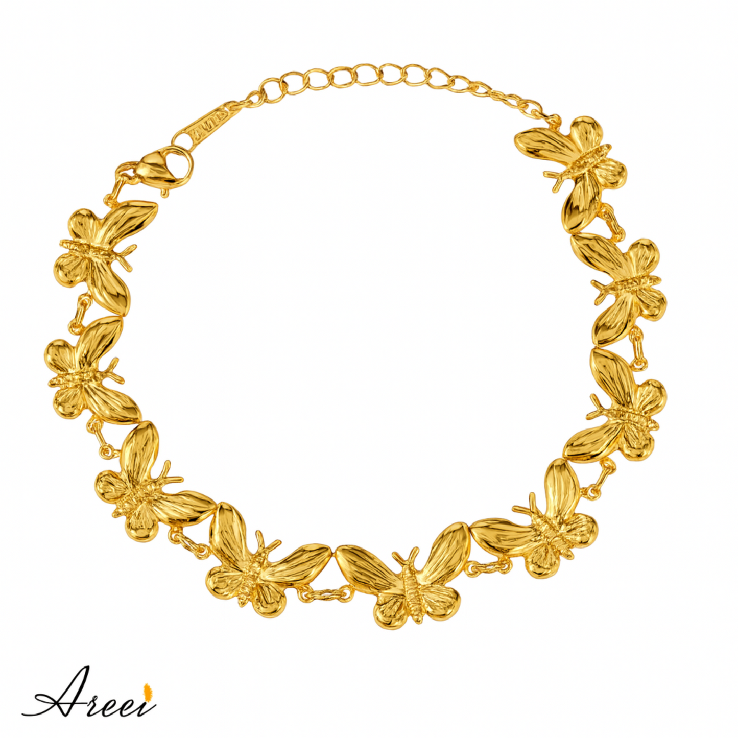 Gold butterfly necklace on a white background with 'Areei' branding.
