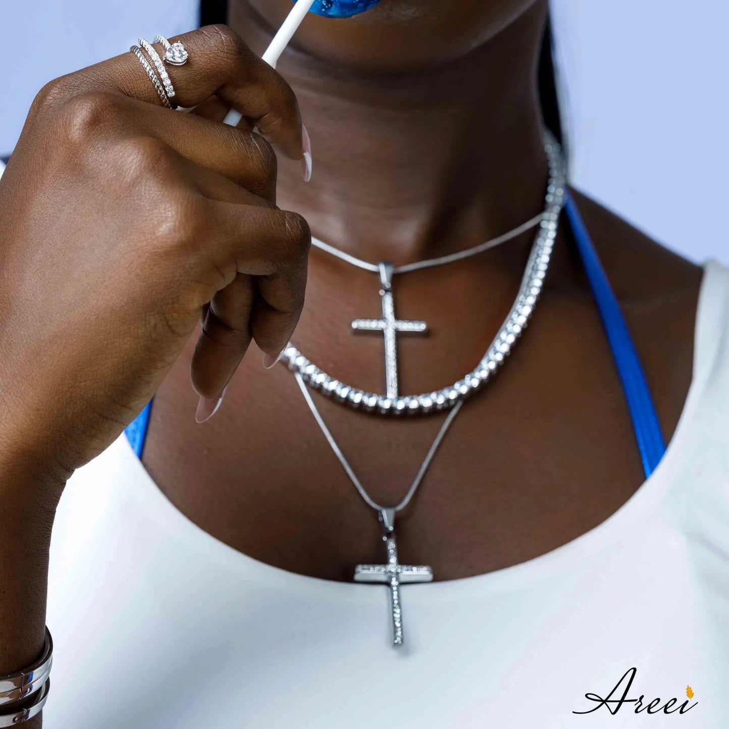 Crystal stainless steal silver cross necklace