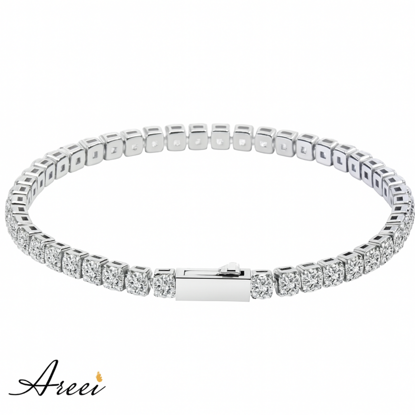 Silver bracelet with diamond accents on a white background, featuring the brand 'Areei'.