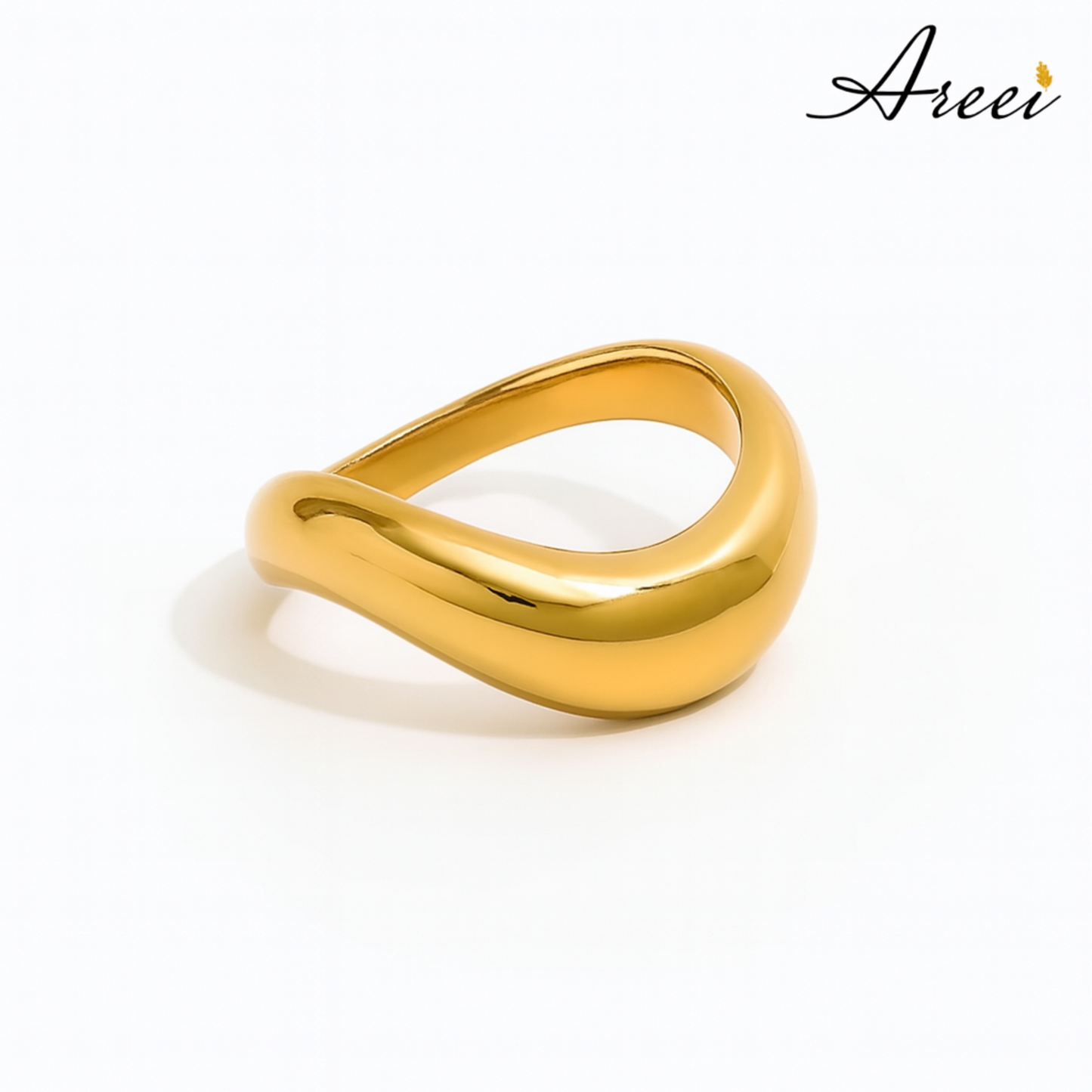 Gold ring on a white background with 'Areei' branding.