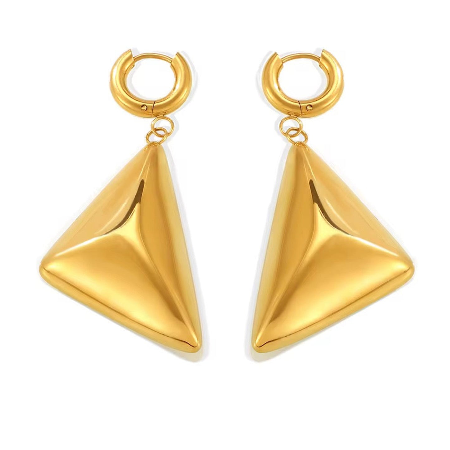 Gold triangle earrings on a white background