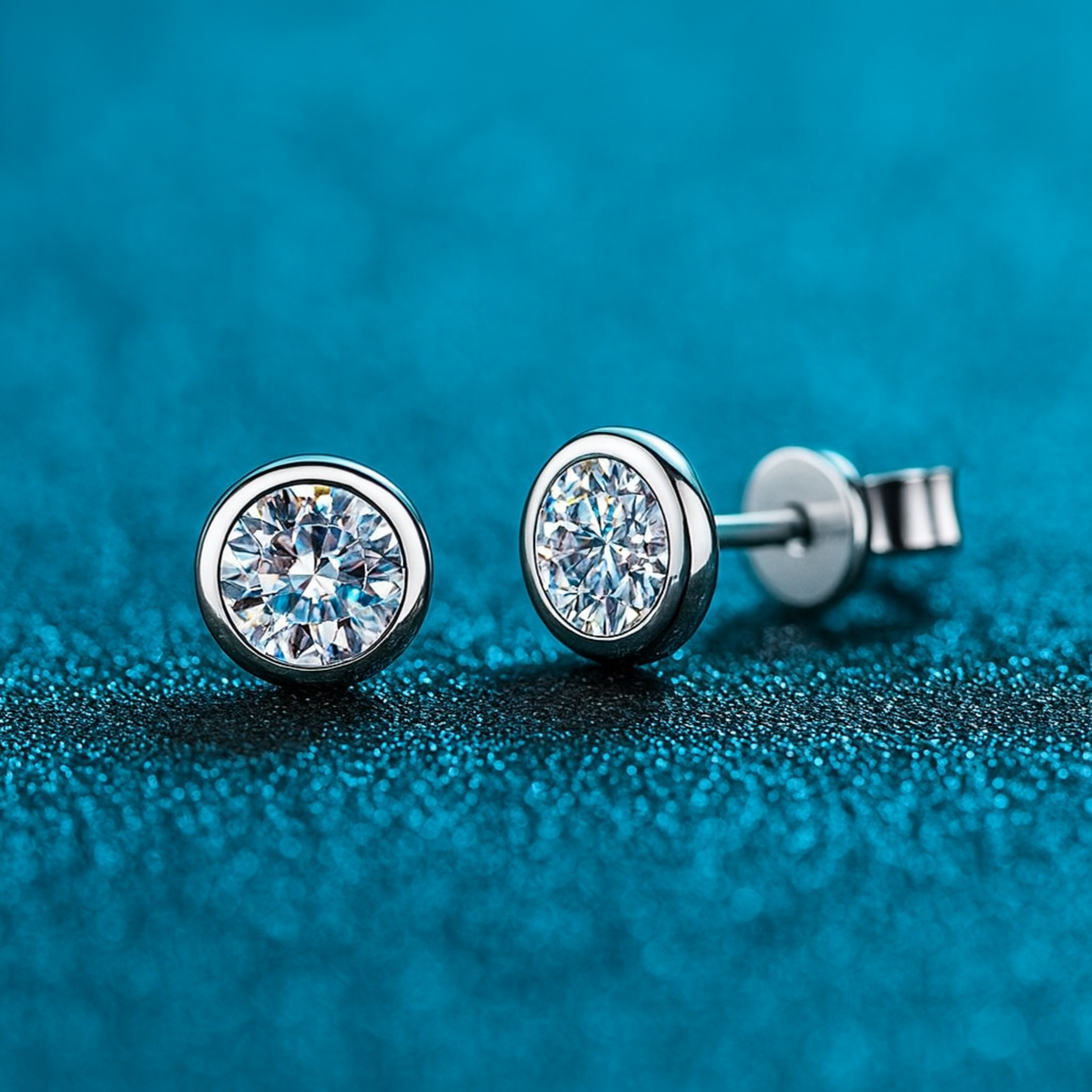 Pair of diamond stud earrings on a blue textured background
