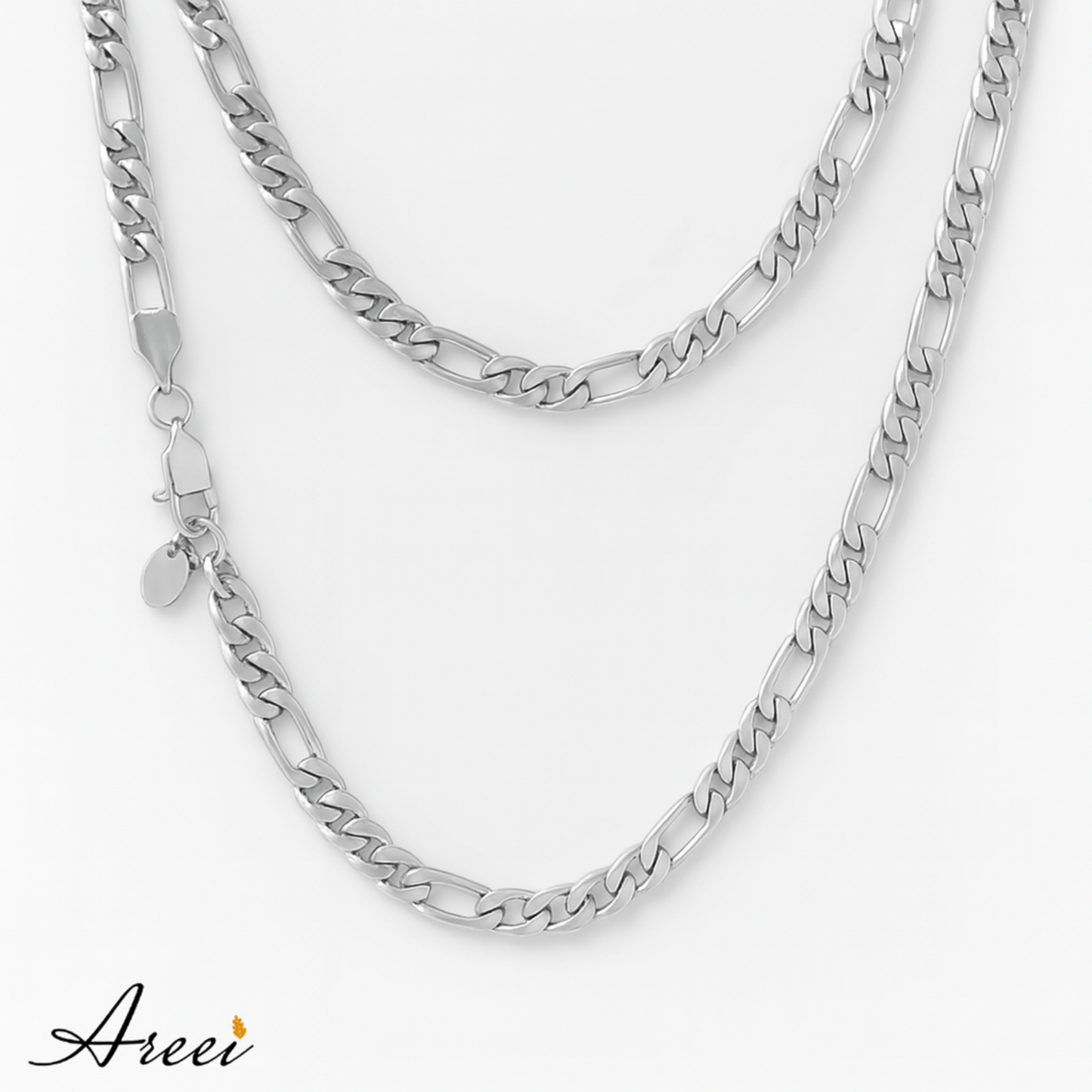 Two silver chains stacked on a white background with 'Areei' branding.
