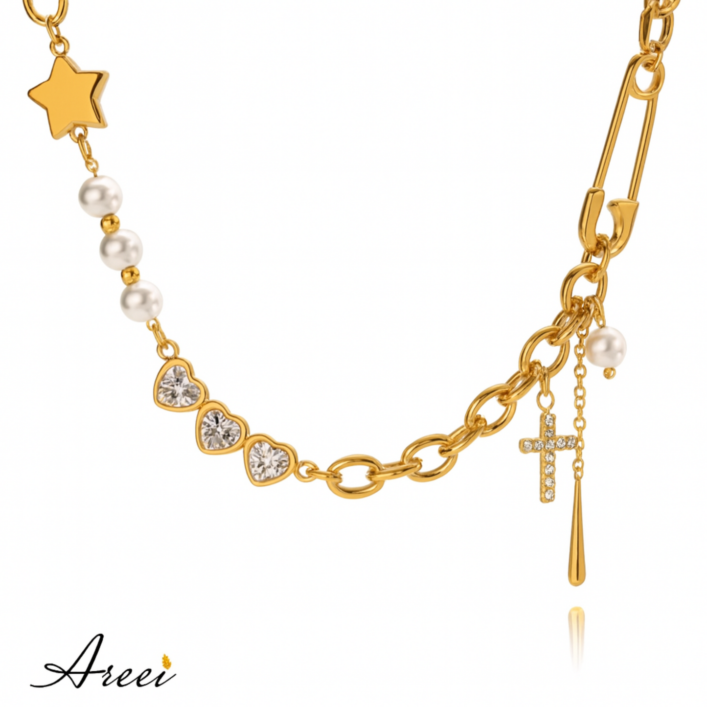 Gold necklace with star, heart, and cross charms on a white background