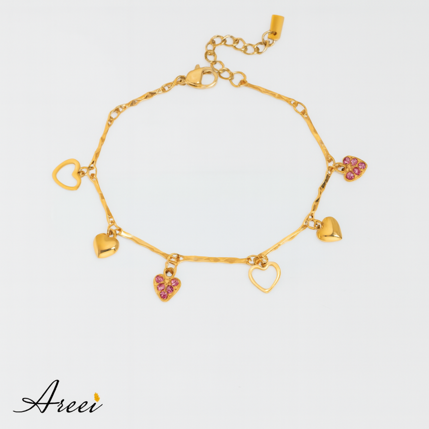 Gold bracelet with heart-shaped charms on a light gray background, featuring the brand 'Areei'.
