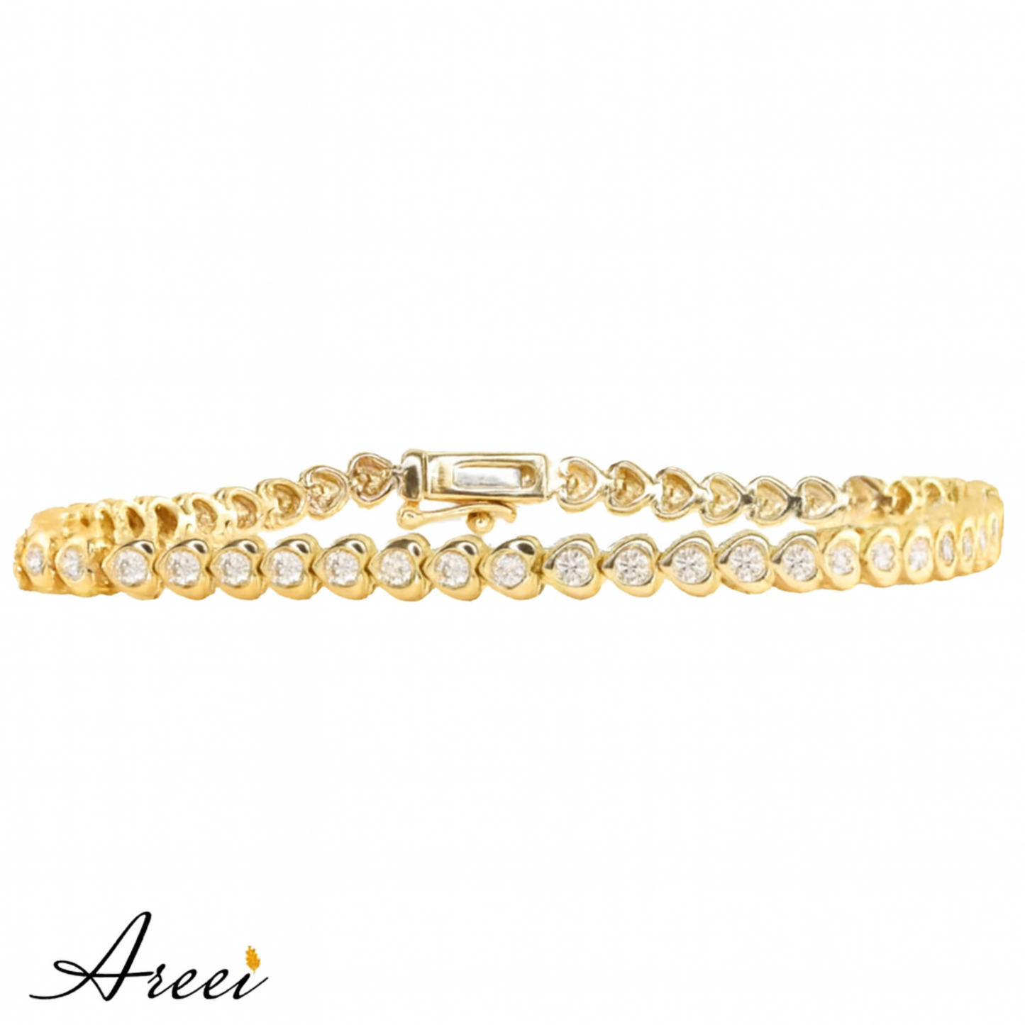 Gold bracelet with clear stones on a white background, featuring the brand 'Areei'.