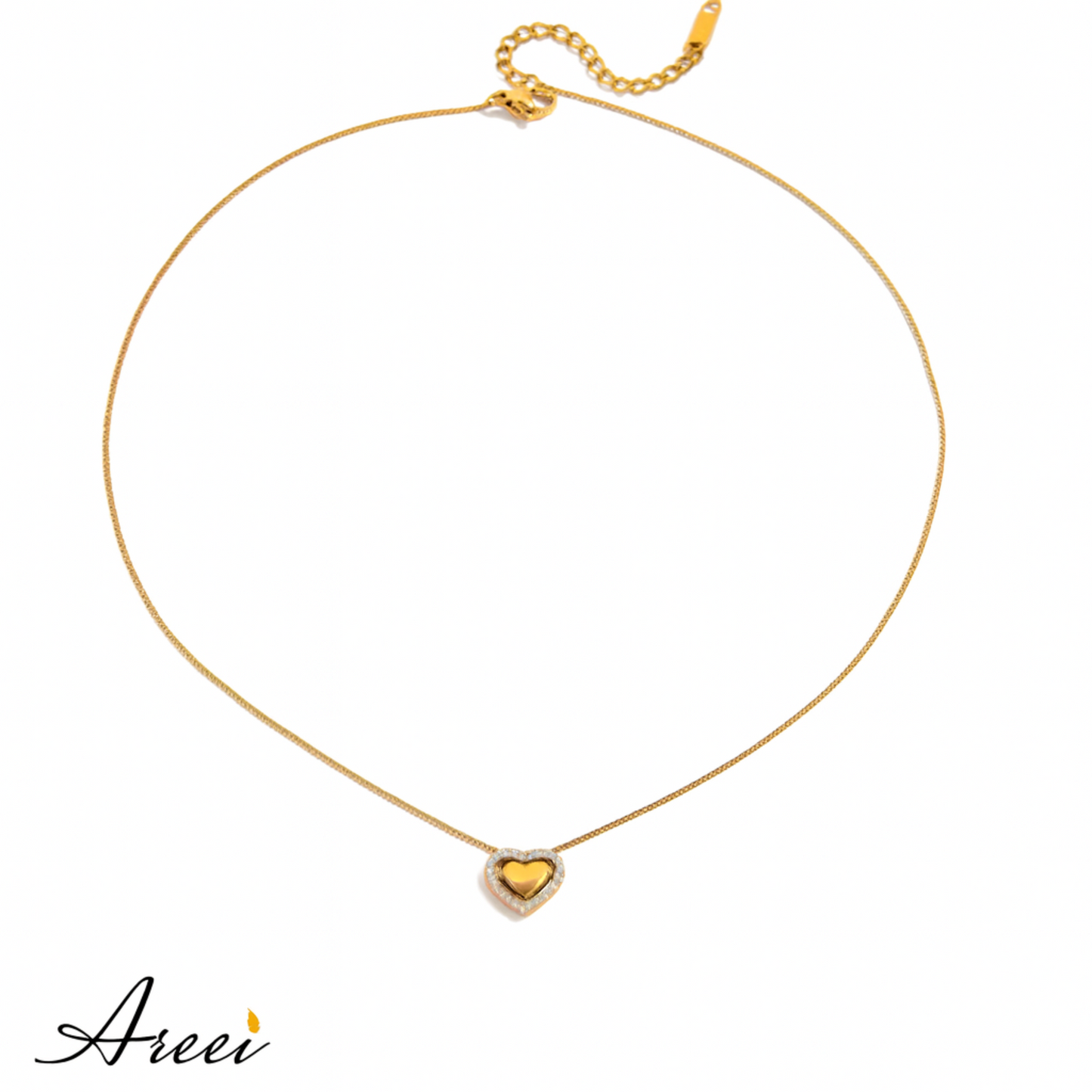 Gold necklace with a heart-shaped pendant on a white background, featuring the brand 'Areei'.