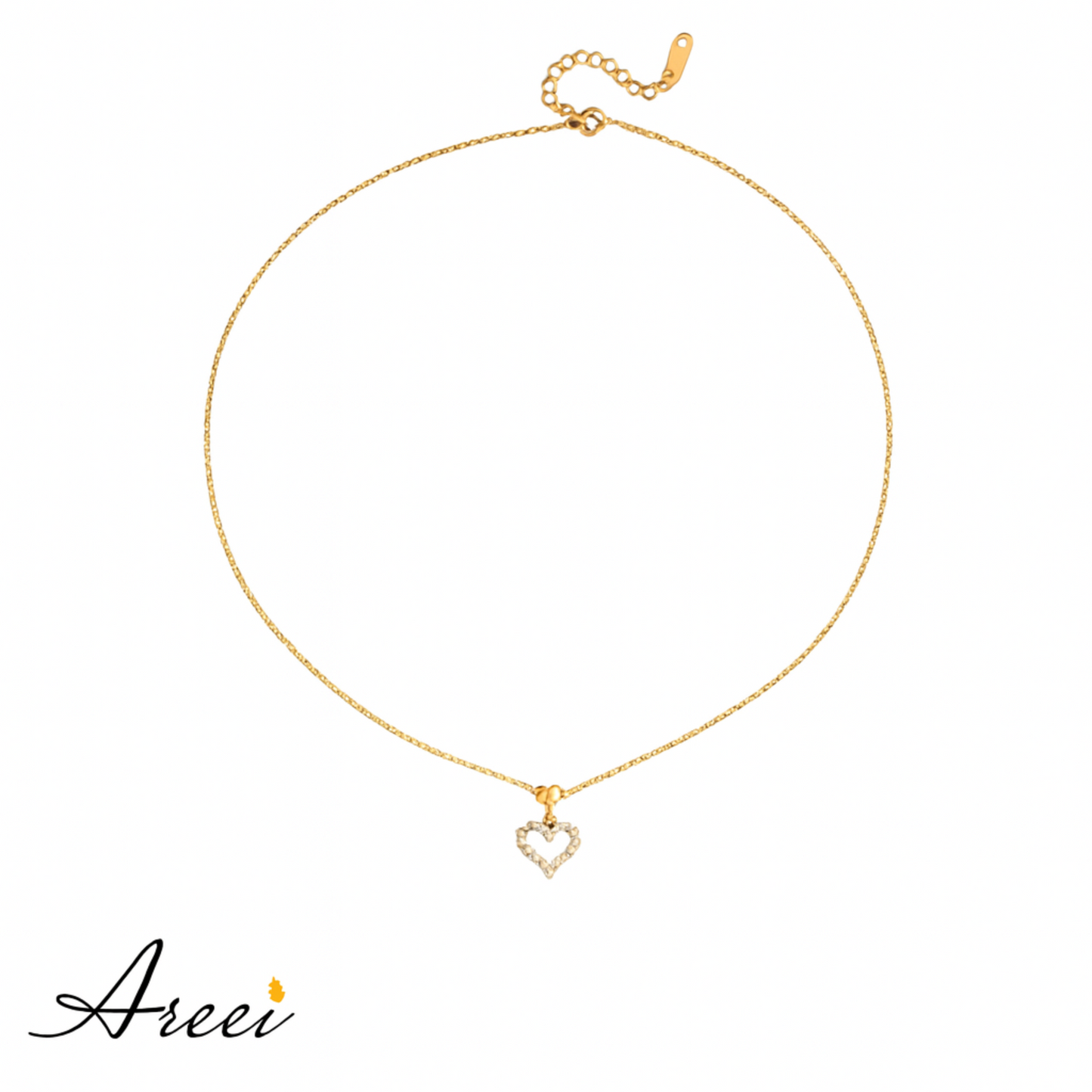 Gold necklace with a heart-shaped pendant on a white background, featuring the brand 'Areei'.
