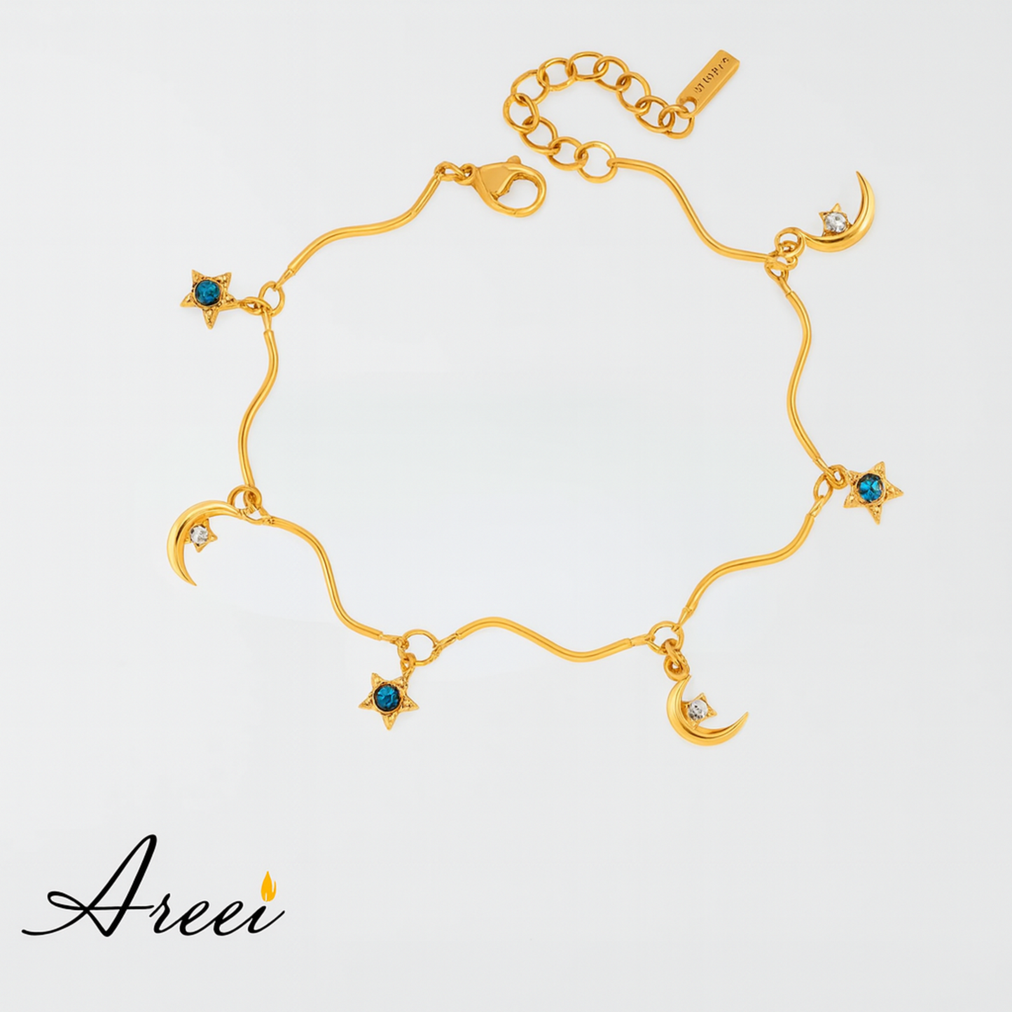 Gold anklet with star and moon designs on a light gray background, featuring the brand 'Areei'.