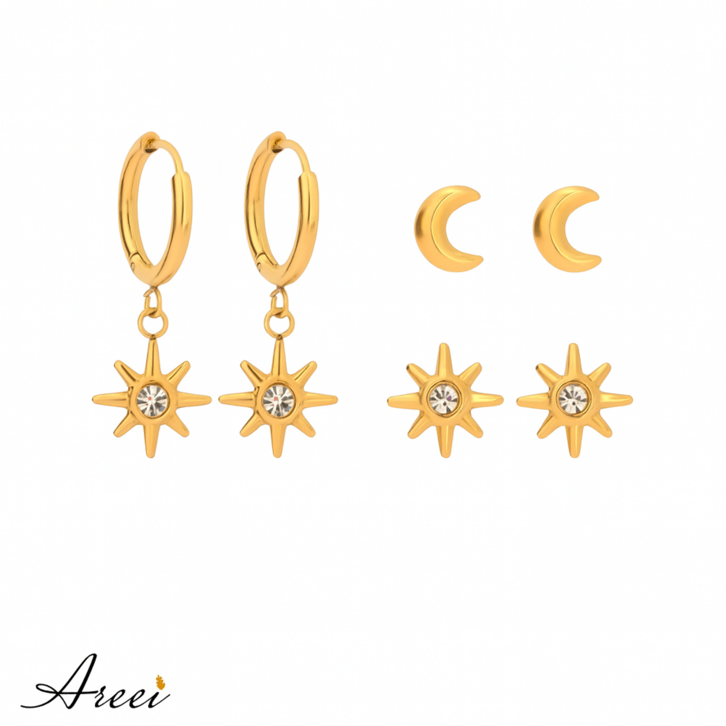 Gold earrings with star and moon designs on a white background, featuring the brand 'Areei'.