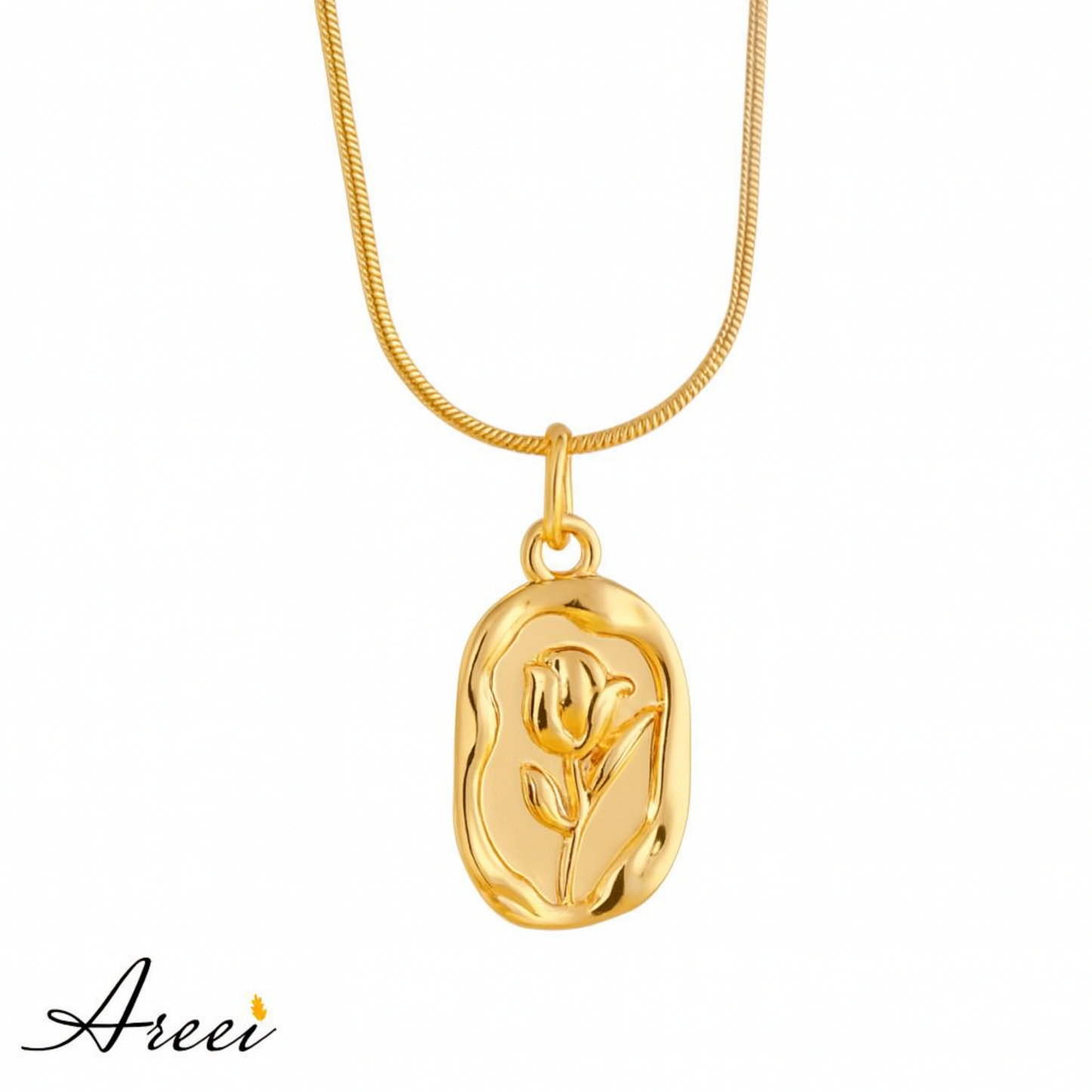 Gold pendant necklace with a tulip design on a white background, featuring the brand 'Areei'.