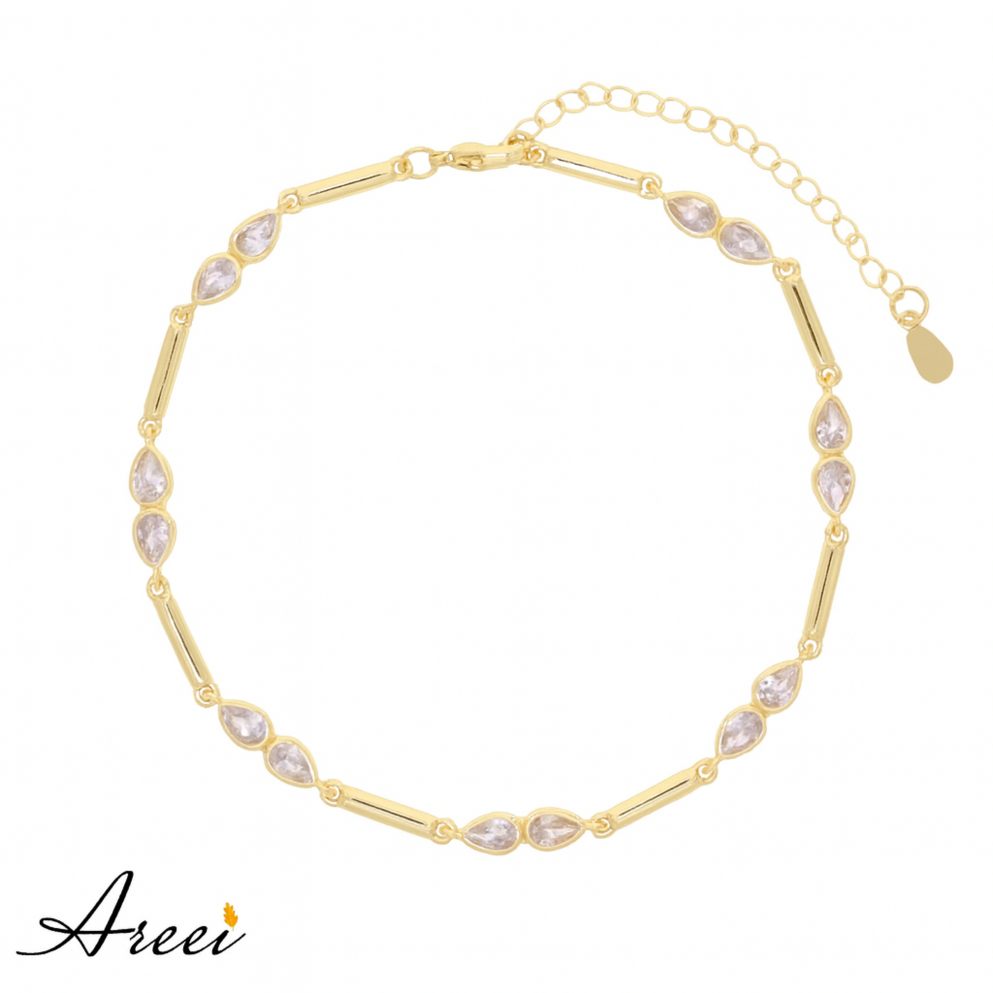 Gold necklace with clear stones on a white background, featuring the brand 'Areei'.
