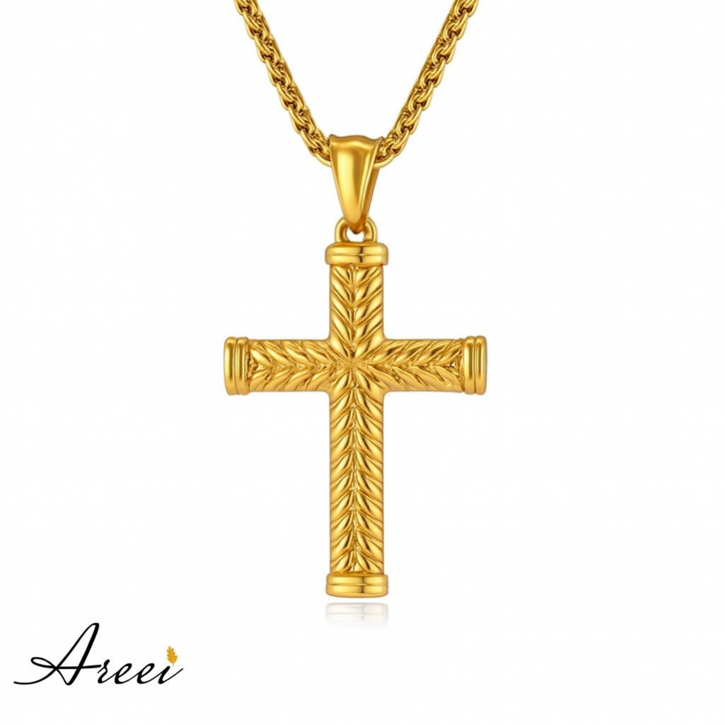 Gold cross pendant necklace on a white background with 'Areei' branding.