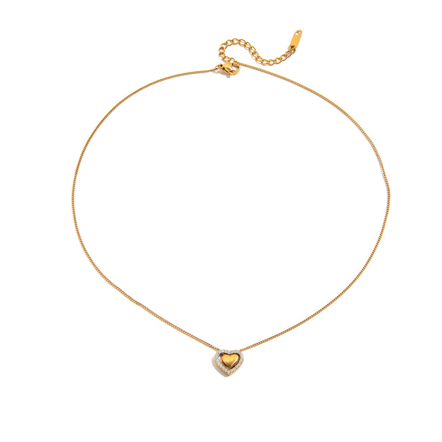 Gold necklace with a heart-shaped pendant on a white background