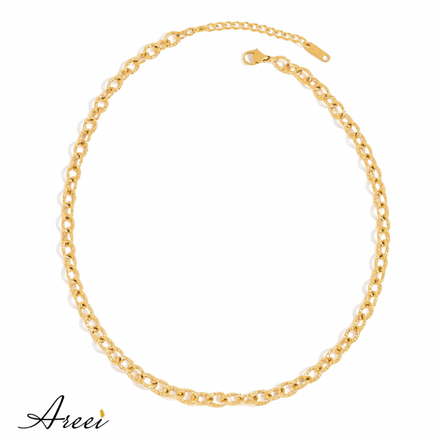 Gold chain necklace on a white background with 'Areei' branding.