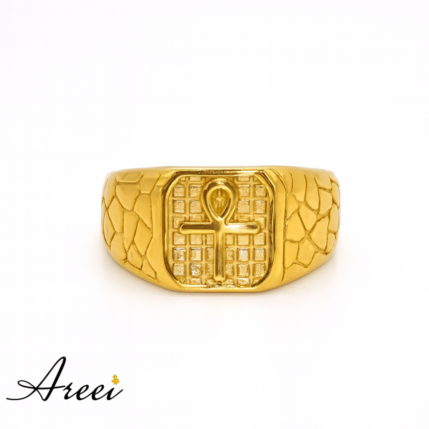 Gold ring with an ankh symbol on a white background, branded 'Areei'.