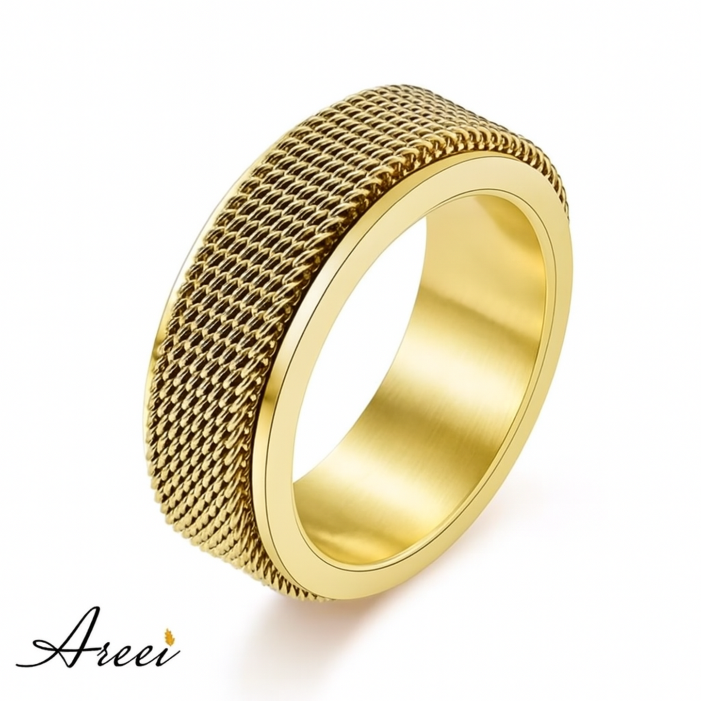 Gold ring with textured design on a white background, featuring the brand 'Areei'.
