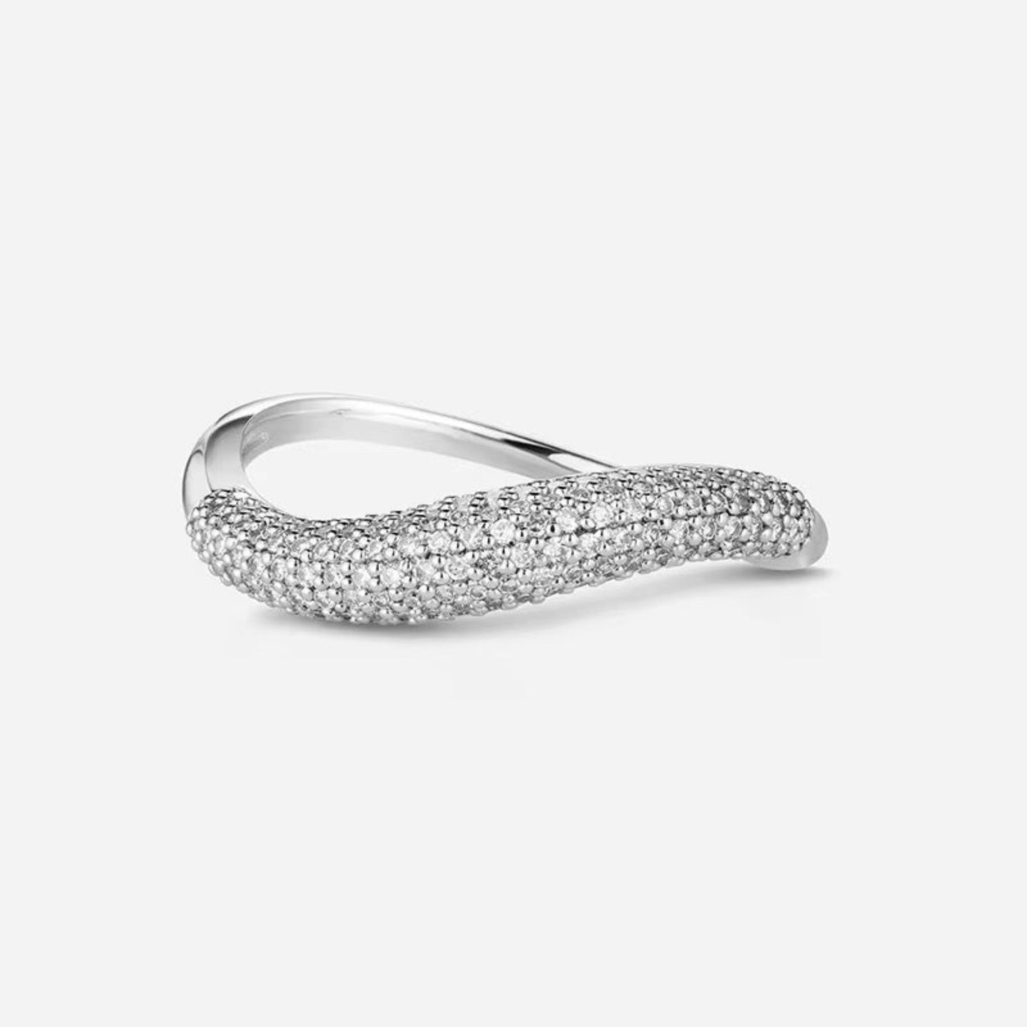 Silver ring with small diamonds on a white background