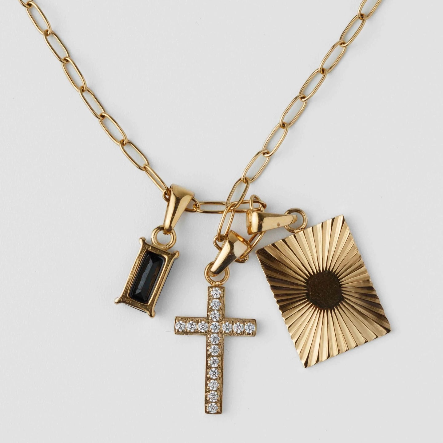 triple pendant 18k gold necklace with cubic zirconia diamond gold cross 