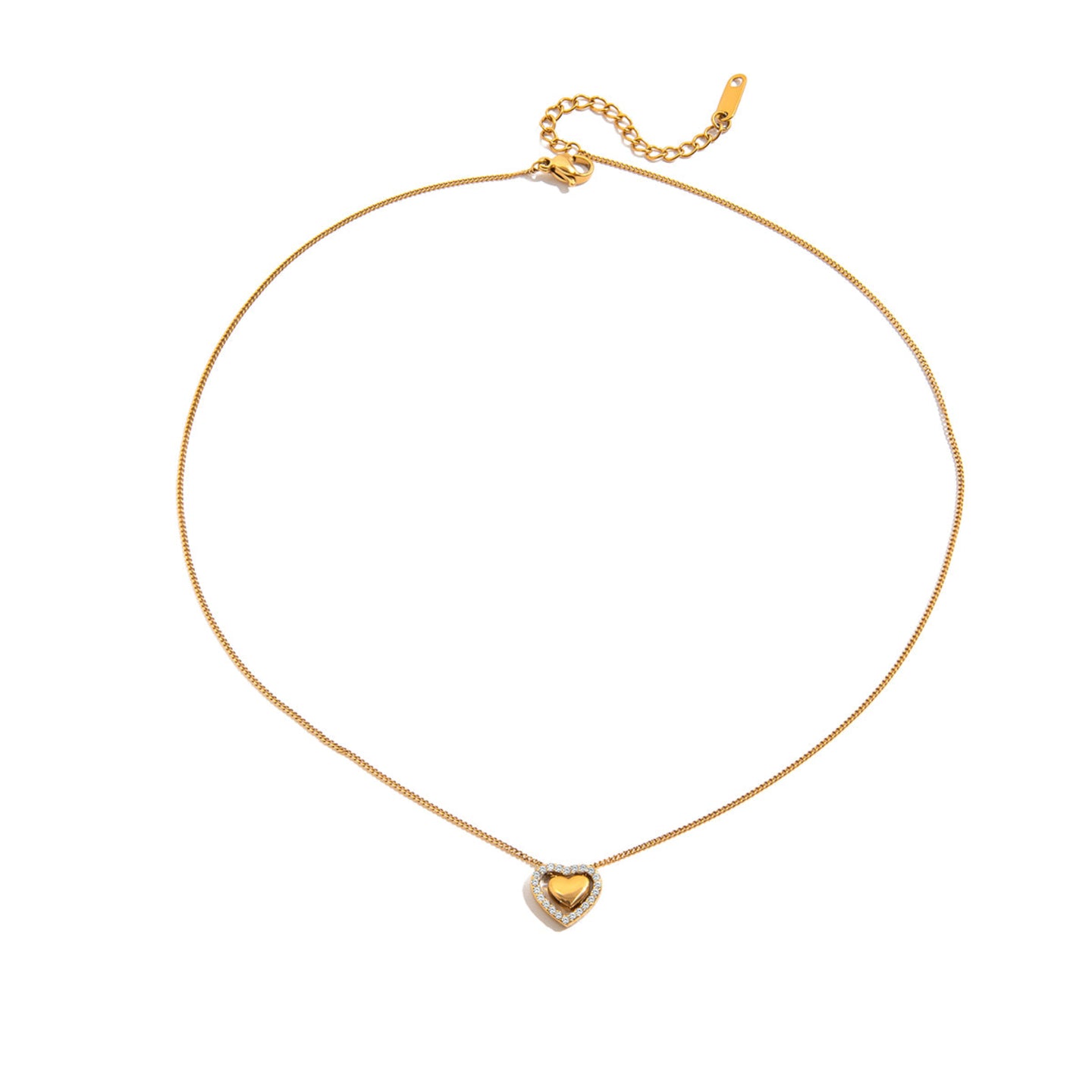Gold necklace with a heart-shaped pendant on a white background